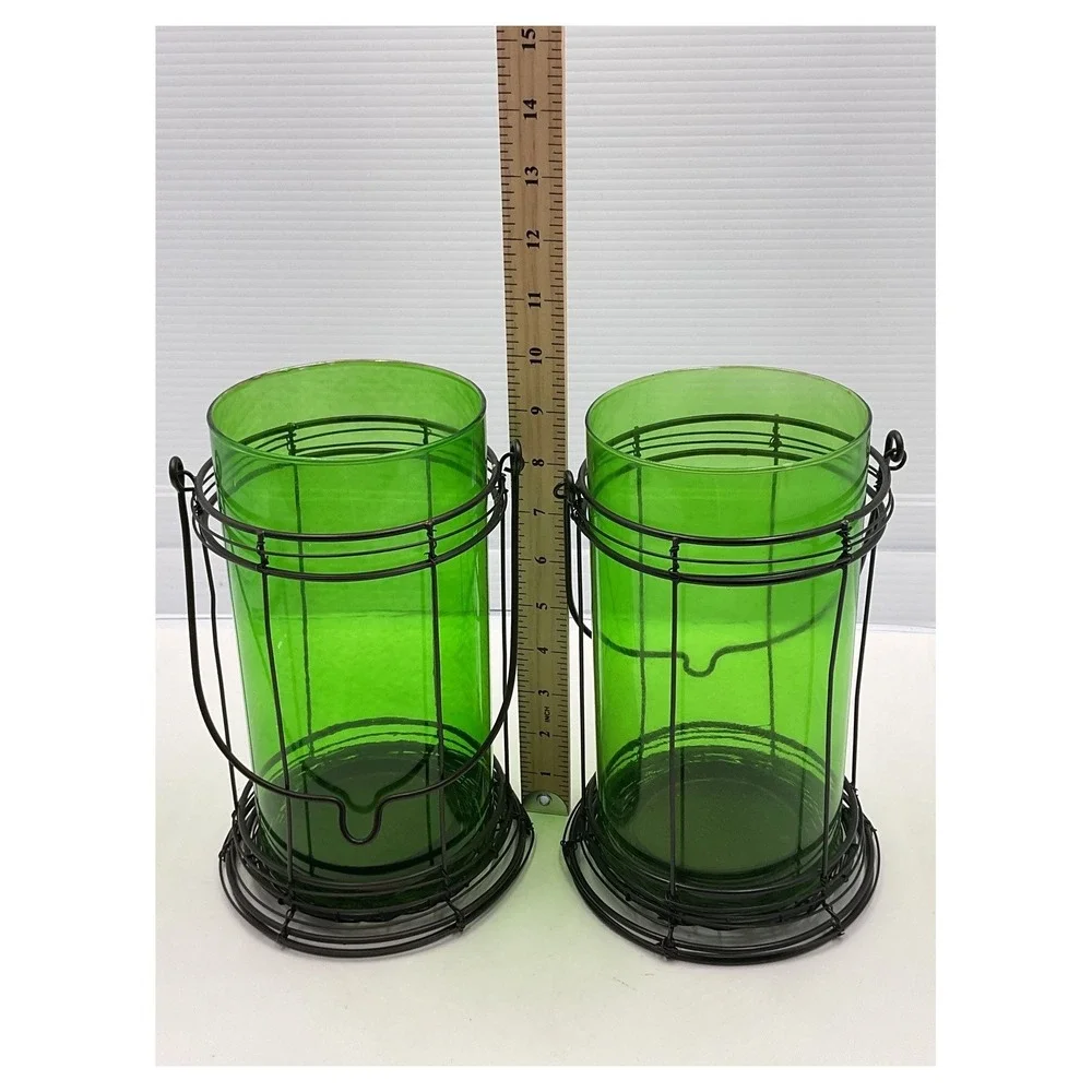 Set of 2 Green‎ Glass Hurricane Candle Holders with Wire Cage 8